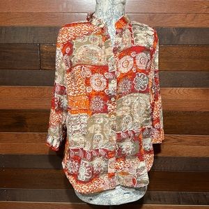 Christopher & Banks Collared Long Sleeve Red and Orange Floral Button Do…